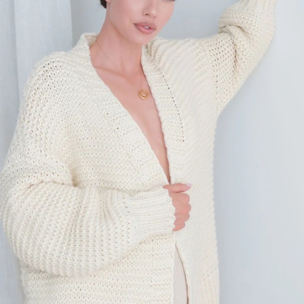Handmade Cream Chunky Knit Cardigan Crochet Sweater with Pockets ptp 20.5 - Picture 3 of 13